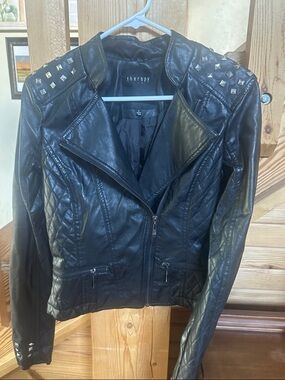 therapy Black Quilted Faux Leather Moto Jacket with Studded Shoulders